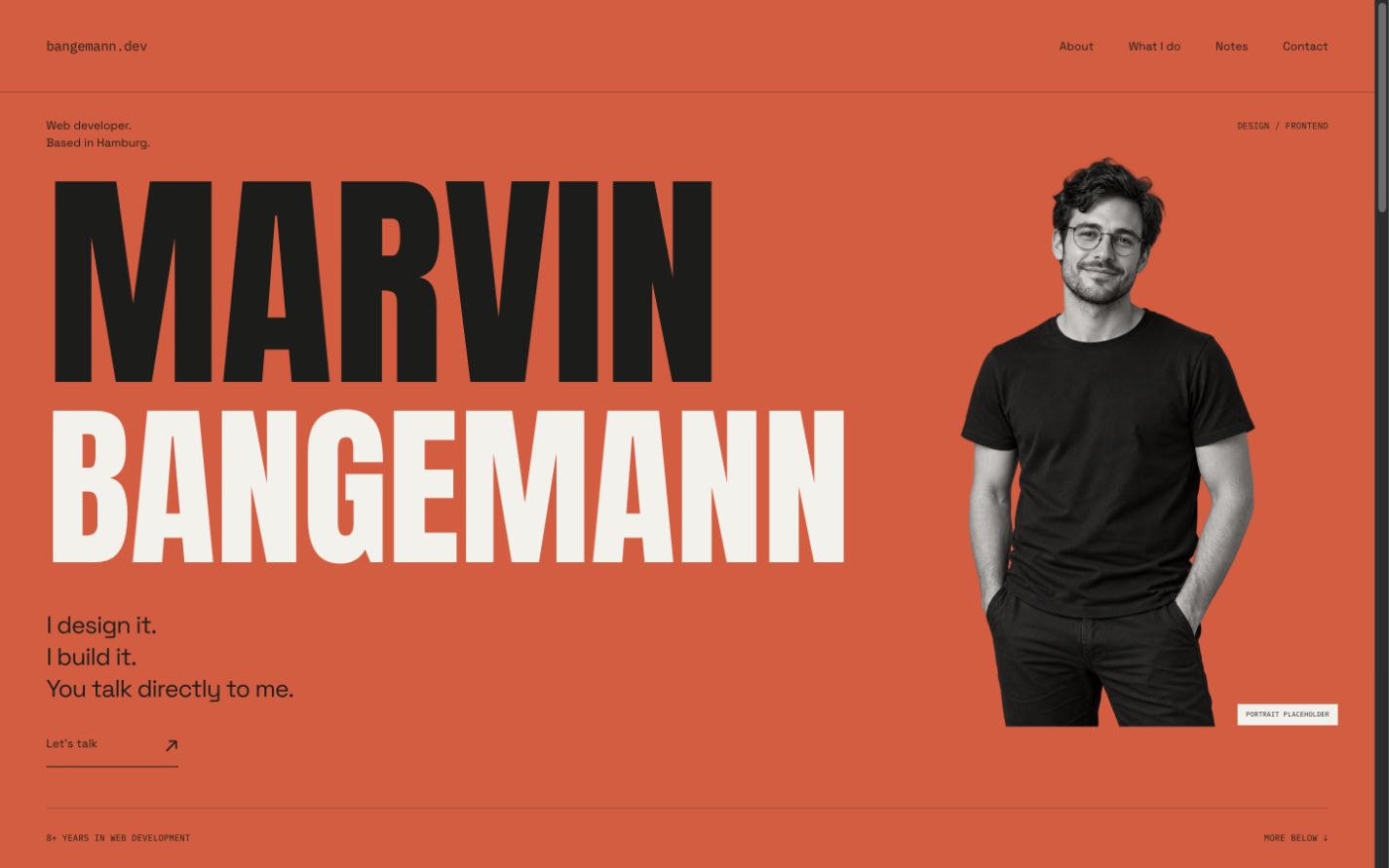 Screenshot of the earlier bangemann.dev portfolio direction, with large display type and a red accent.